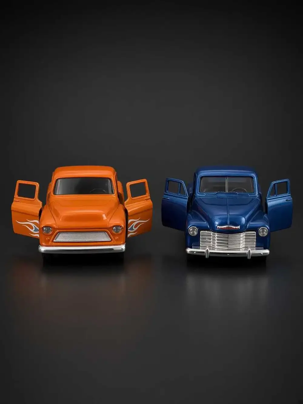 Mini Diecast Stepside Truck Set of 2 Orange Flames Metallic Blue Vintage